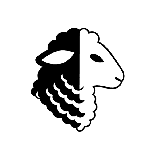 A black-and-white split sheep logo symbolizing duality, human imperfection, and transformation between light and darkness.
